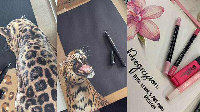 two drawings of a cheetah and a photo of pencils on a book