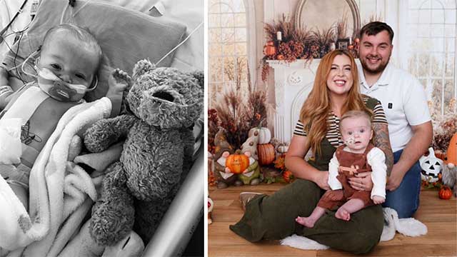 Chester with his mum and dad, Kristy and Ben, and a photo of him in a hospital bed next to a teddy
