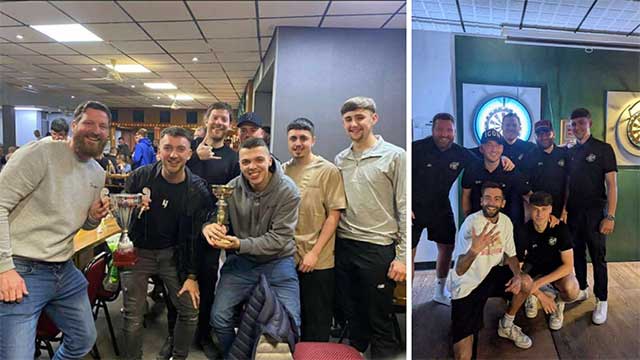 two photos of a darts team smiling at camera
