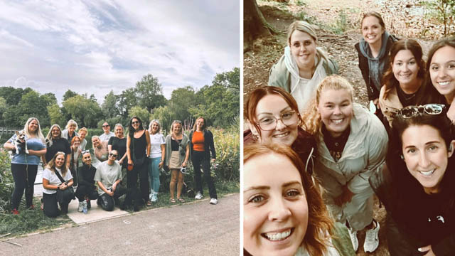 two photos of a group of women out on a walk