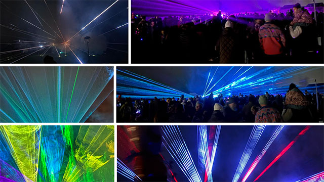 a collage of photos showing bright lasers in the sky