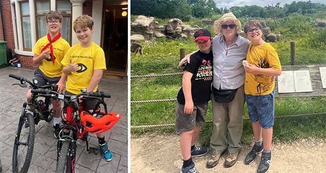two photos of two boys, one on bikes, the other stood with their grandmother