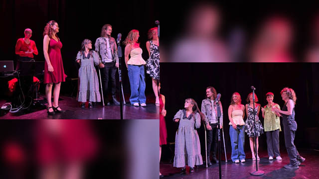 two photos of artists on stage stood by microphones