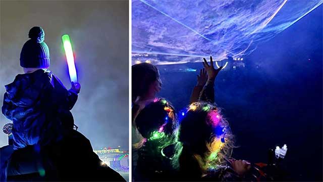 two photos of lasers in the sky
