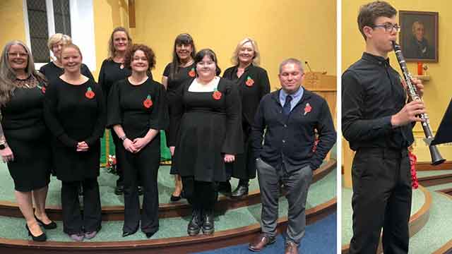 a choir and a photo of a man with an instrument