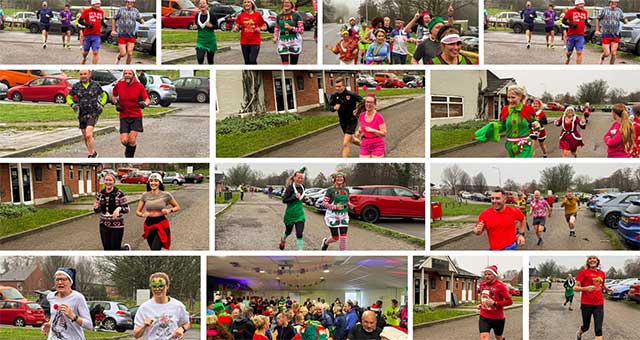 a collage of people in Christmas fancy dress outfits running