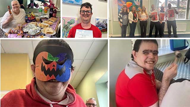 a collage of people holding paintbrushes, painting, with certificates and sat by food at a table