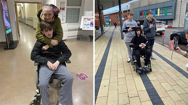 two photos of a teenager, sat in a wheelchair- with other people