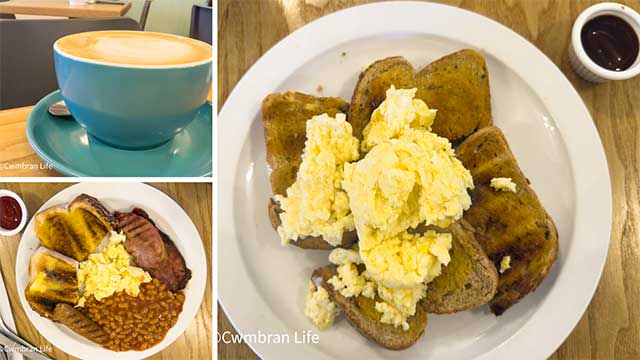three photos, one of a coffee, one of scrambled eggs on toast, and a cooked breakfast with beans , bacon and sausage