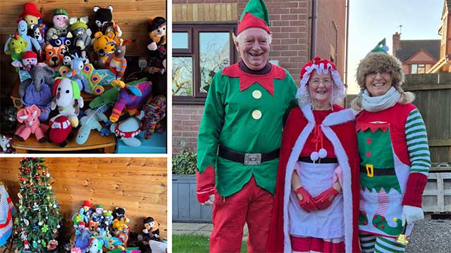 three chrismas photos including one of mrs claus and two elves