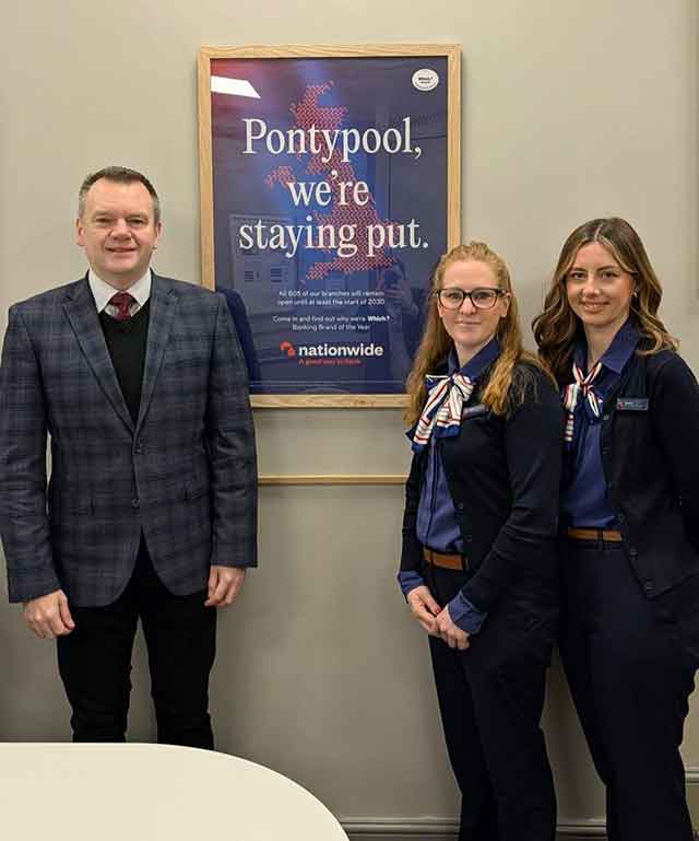 Nick Thomas-Symonds MP with staff at Pontypool's Nationwide branch