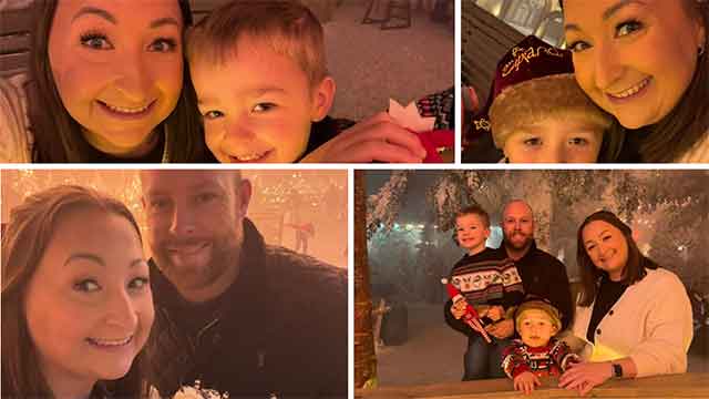 four photos of a mum with her two young sons and husband