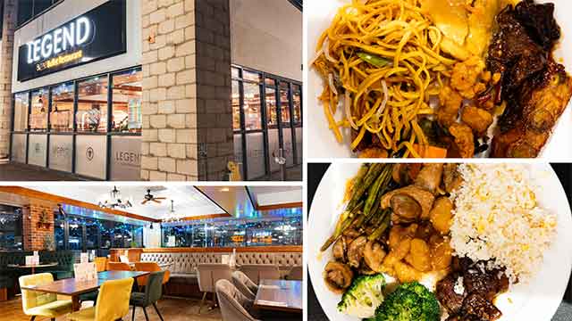 four photo collage- showing the outside and inside of a chinese restaurant and two plates of chinese food