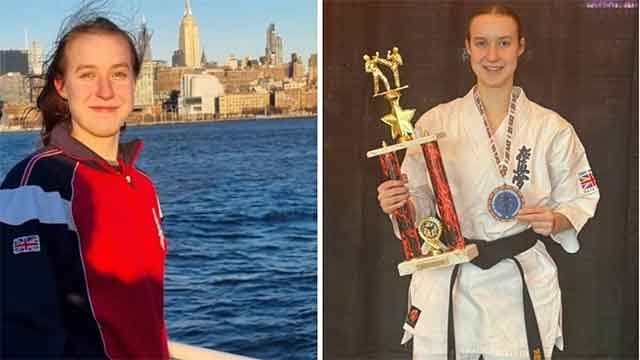 a photo of a woman holding a trophy in a karate uniform and one of her in new york by water