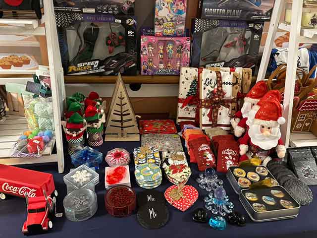 a table full of gifts at at Christmas fair