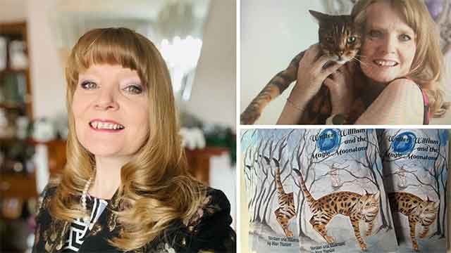two photos of a woman, one holding a cat, and the cover of a book called Walter, William and the Magic Moonstone