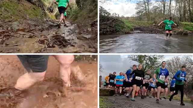four photos of a cross country running race showing runners in mud and water and a country lane