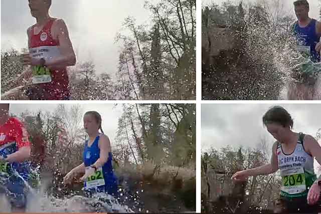 four photos of runners in a stream