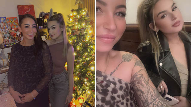 two photos of two women smiling at camera