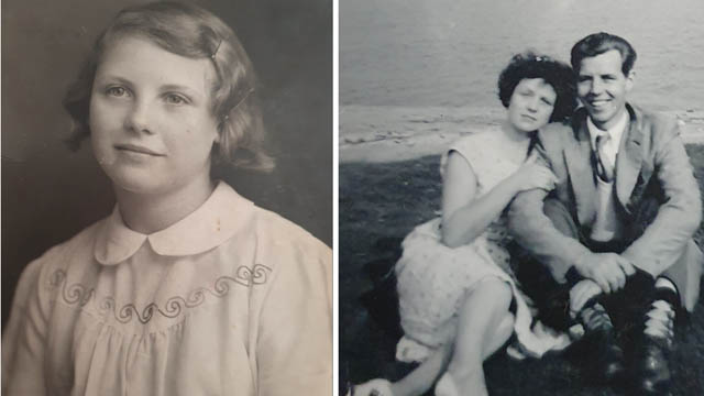 two black and white photos, one of a young girl smiling and another of a husband and wife by the sea