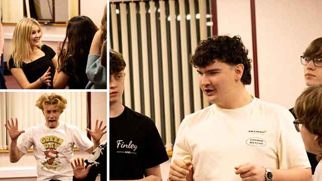 three photos of young people rehearsing for a show