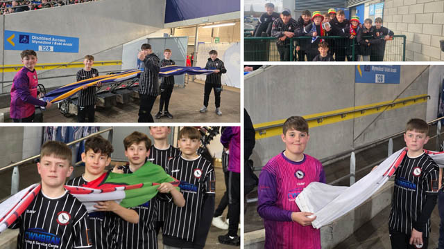 four photos of boys at a football stadium