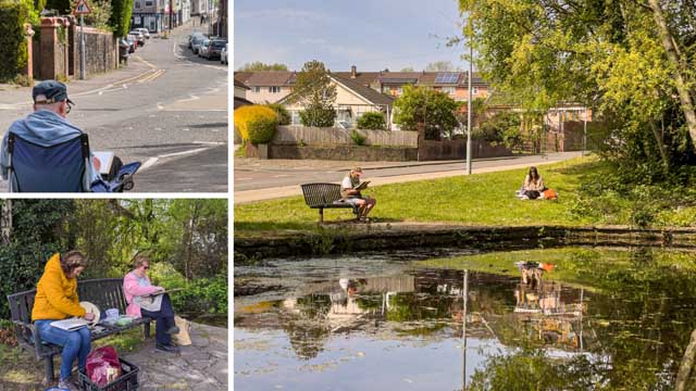 collage of photos of artists drawing outside