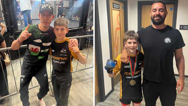 two photos of a teenage boy with his MMA coaches