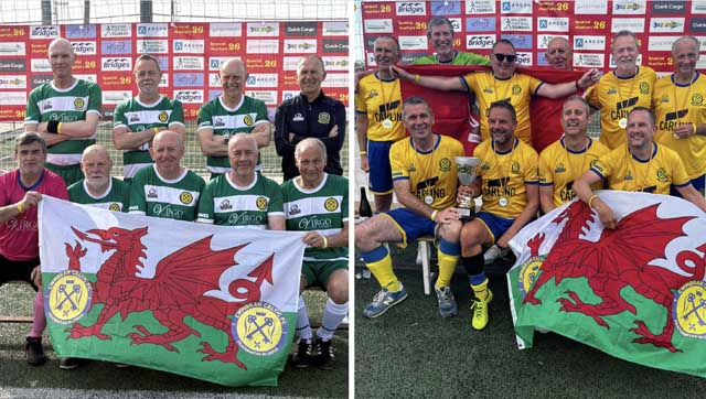 two photos of men football players holding flags
