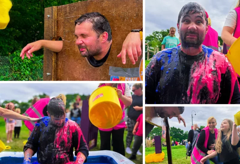 four photos of teachers being slimed and water sponges being thrown at them