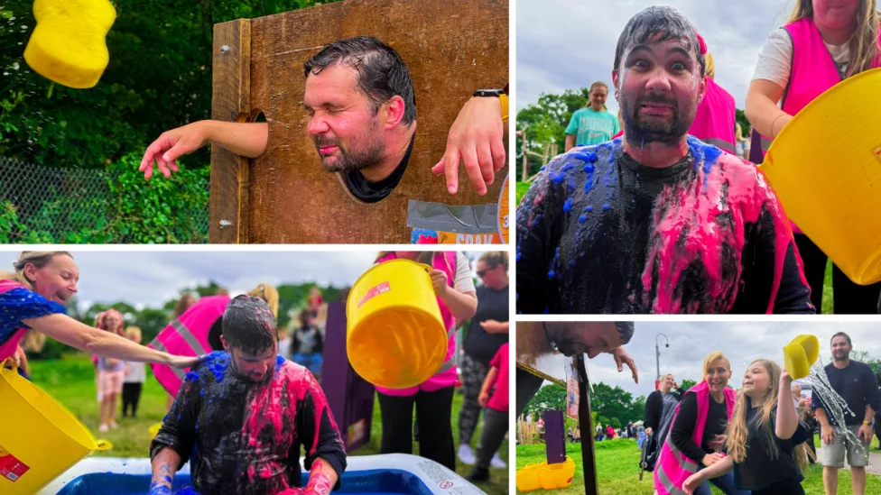 four photos of teachers being slimed and water sponges being thrown at them