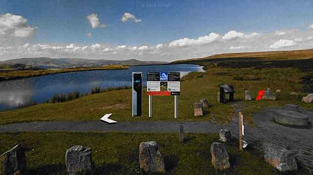 a lake with an artist's impressions of a car park ticket machine in the car park