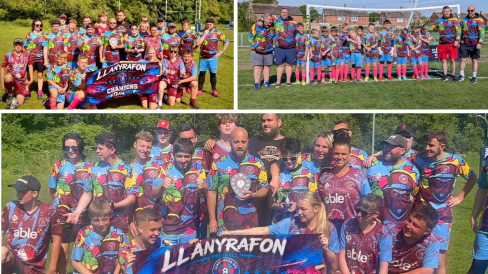 three photos of a football players having team photos