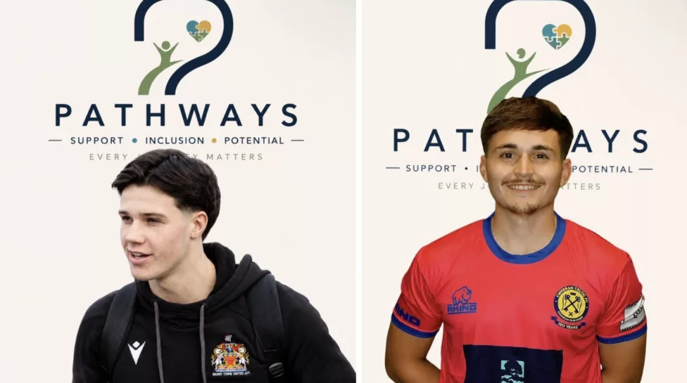 two men in football shirts in front of a screen that says Pathway