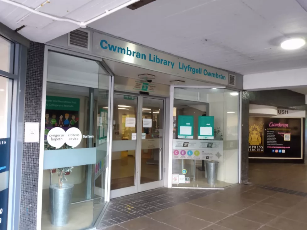 The entrance to Cwmbran Library.