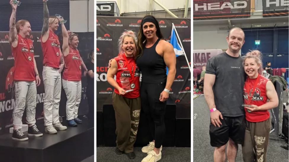three photos- a three women on a podium, a woman with another woman and a woman with her husband- all at a weightlifting competition