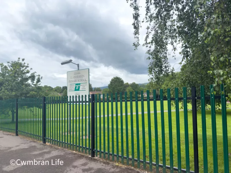 a field with a metal fence around it