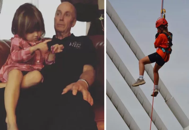 two photos - a man with his grandchild on his lap- and a young girl abseiling