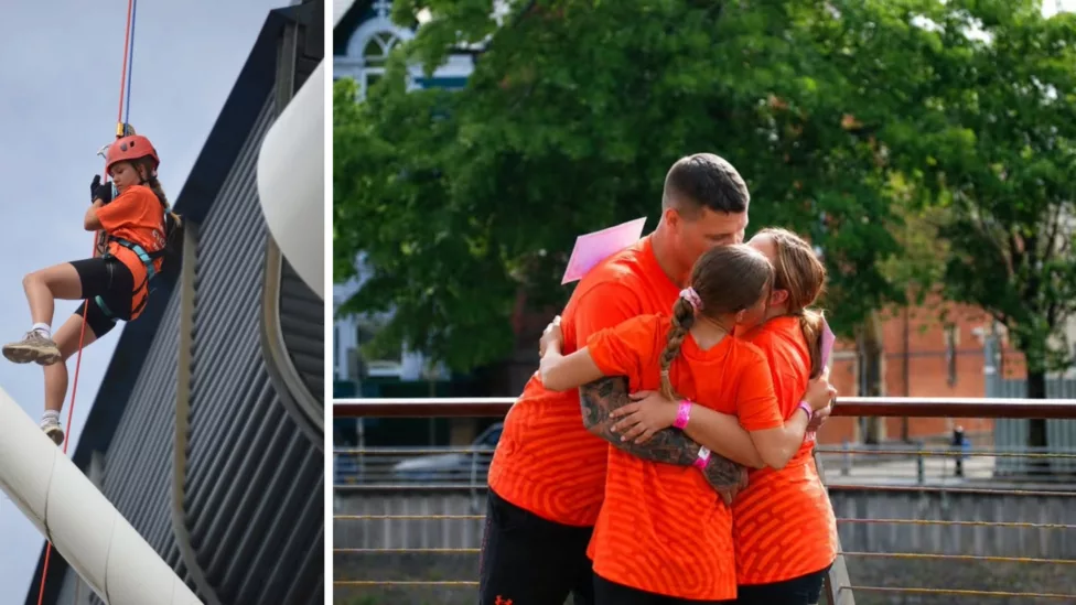 two photos, one of girl abseiling and one of a man, woman and child hugging each other