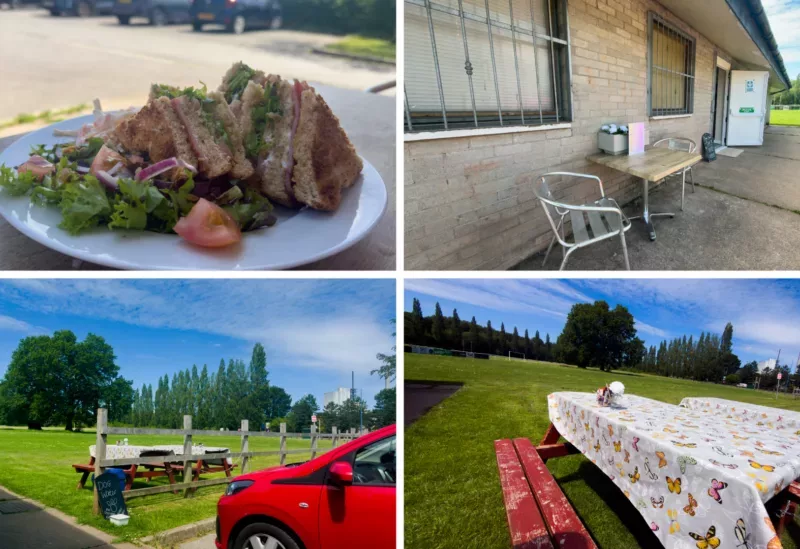 four photos of food and seats at a cafe including two with a large oak tree in the background