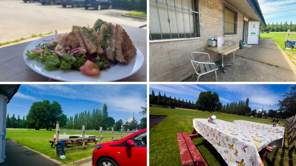 four photos of food and seats at a cafe including two with a large oak tree in the background