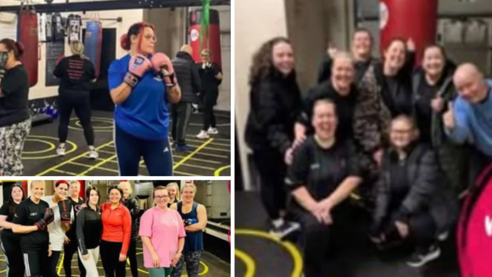 three photos of women in a boxing club