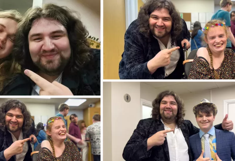 four photos of singer Travis George have a photo with a young person at a prom