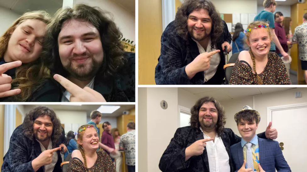 four photos of singer Travis George have a photo with a young person at a prom