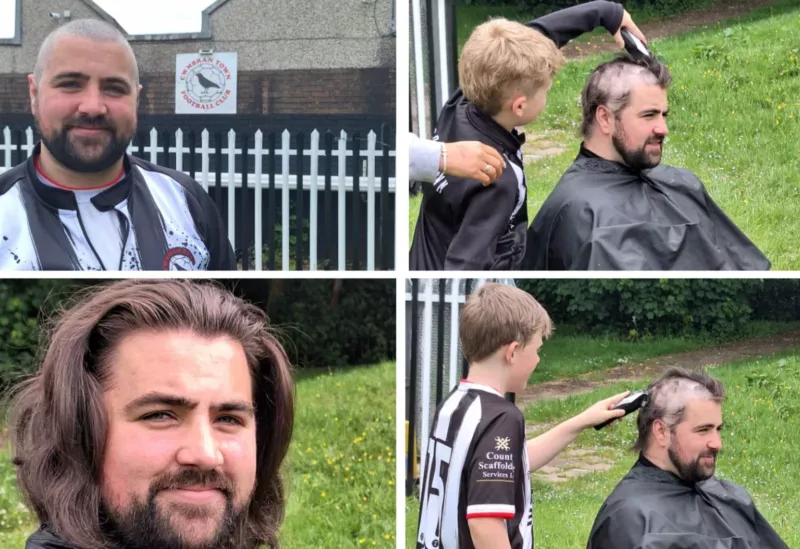 four photos of a man- one with long hair and others having his hair cut by young football players