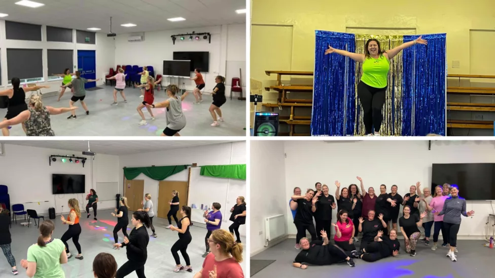 four photos of a dance class in a hall