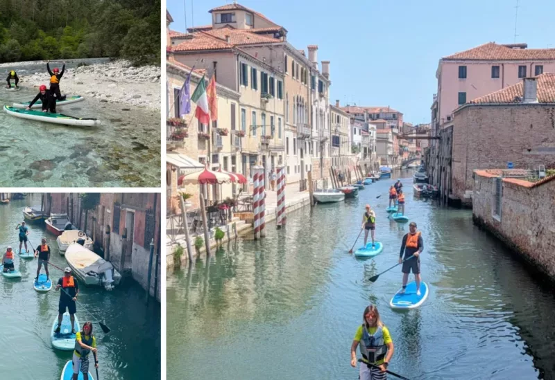 three photos of people paddleboading