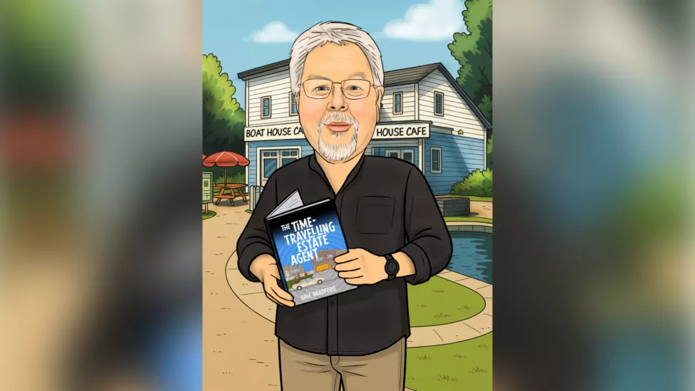 a cartoon of a man holding a book by a cafe