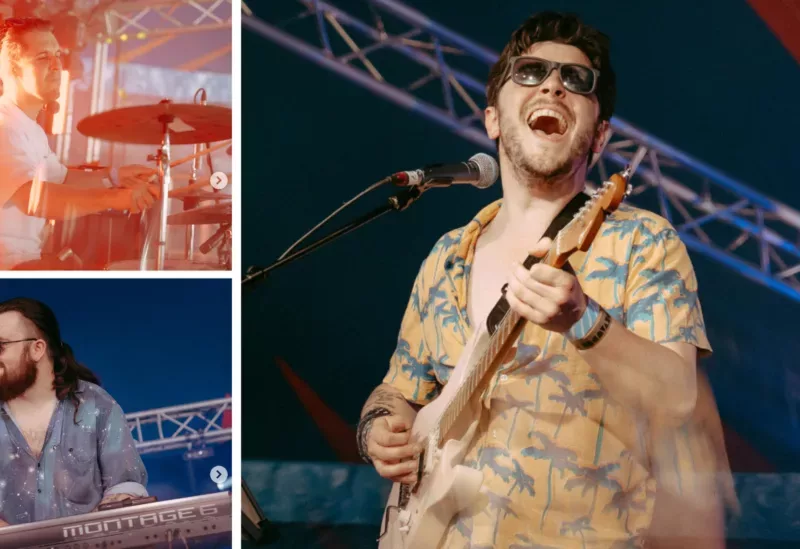 three photos of a band playing music and singing on stage