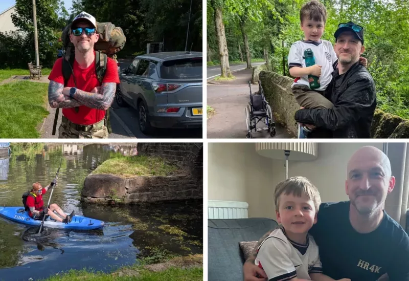 photos of a man canoeing and walking by canal- and two with a man and a young boy smiling at camera